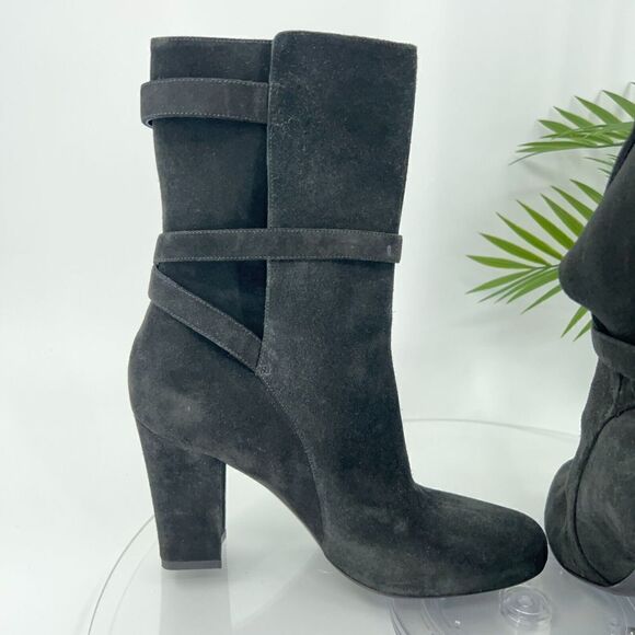 Theory Jodhpur Size 8.5 Mid Calf Black Suede Heeled Ankle Boots Booties Strap - Picture 8 of 14
